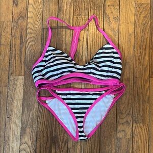 Victoria's Secret Black and White Striped Bikini with Pink Trim